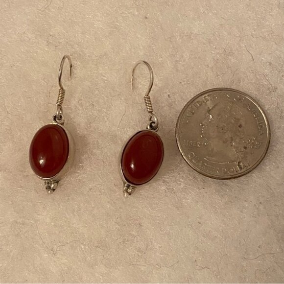 EARRINGS STERLING SILVER 925 CARNELIAN OVAL RED STONE FRENCH WIRES DROP PIERCED - Picture 5 of 7